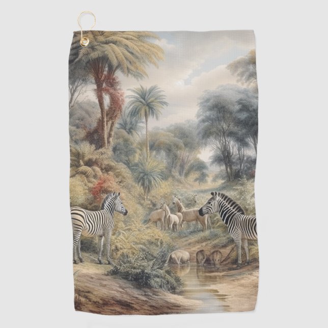 Botanische Szene von Zebras und Löwen in einer Oas Golfhandtuch (Vorderseite)