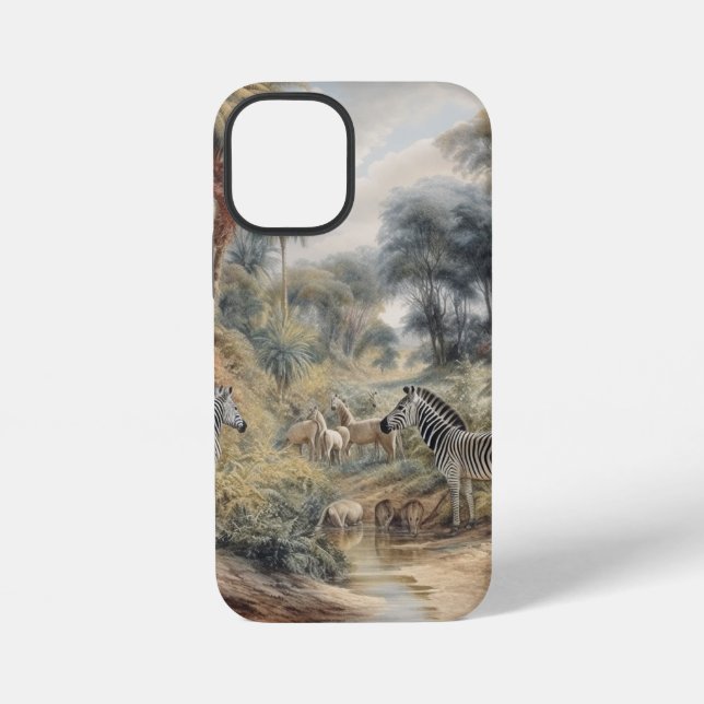 Botanische Szene von Zebras und Löwen in einer Oas iPhone 12 Mini Hülle (Rückseite)