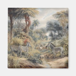 Botanische Szene von Zebras und Löwen in einer Oas Magnet
