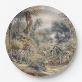 Botanische Szene von Zebras und Löwen in einer Oas Pappteller