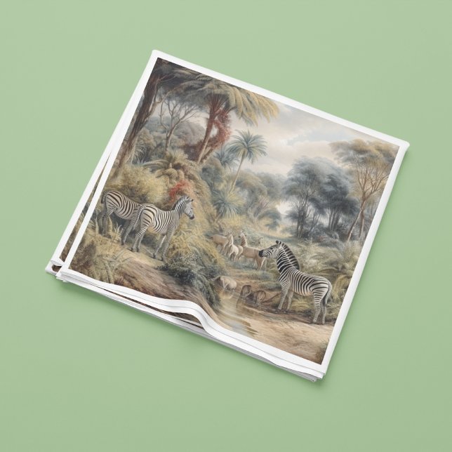 Botanische Szene von Zebras und Löwen in einer Oas Serviette (Von Creator hochgeladen)
