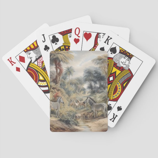 Botanische Szene von Zebras und Löwen in einer Oas Spielkarten (Rückseite)