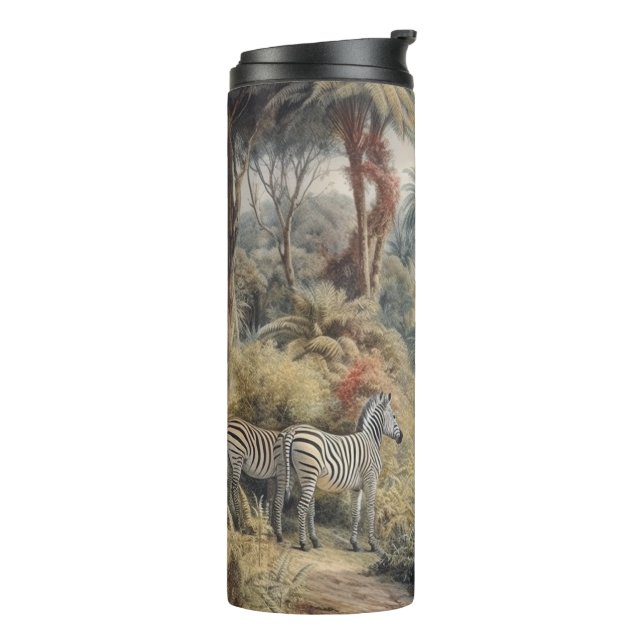 Botanische Szene von Zebras und Löwen in einer Oas Thermosbecher (Nach links gedreht)