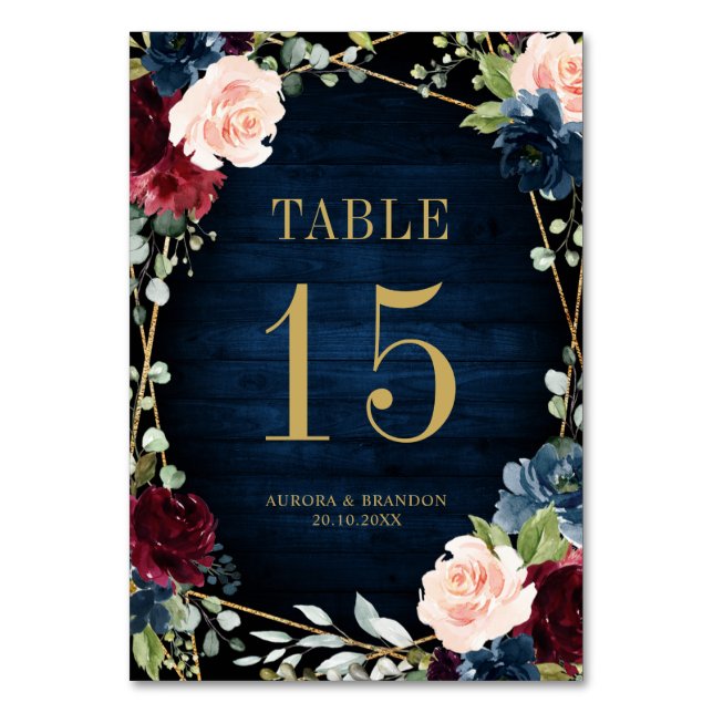 Botanische Tischnummer Navy Blue Blush Pink Rose (Vorderseite)