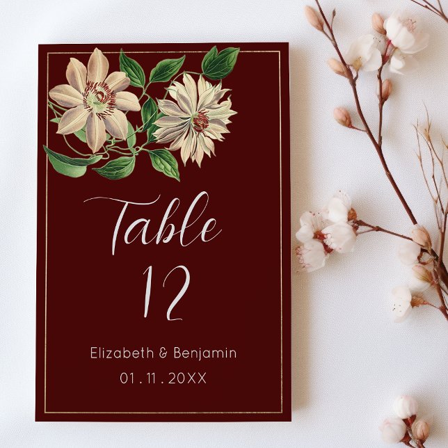 Botanische Tischnummern aus Burgund (Burgundy white green floral botanic Table Numbers)