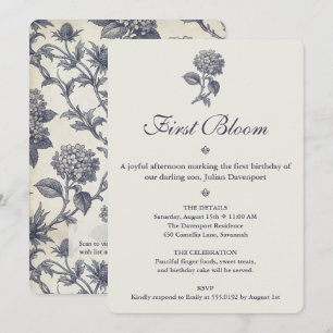 Botanische Toile Hydrangea Stranddistel 1. Geburts Einladung