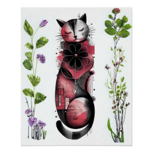 Botanische Träume & Whiskers - Abstrakte Katze Poster