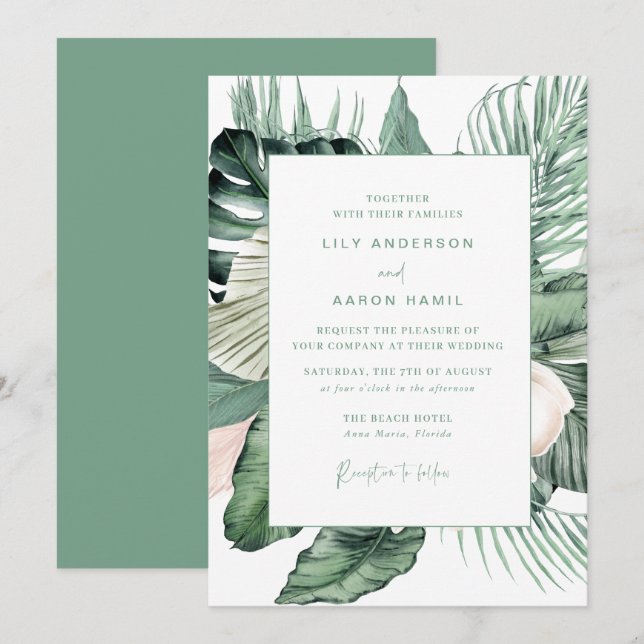 Botanische Tropenhochzeit Einladung (Vorne/Hinten)