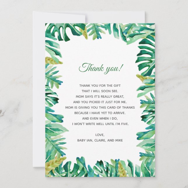 Botanische tropische Babyparty danken Ihnen zu Dankeskarte (Vorderseite)