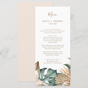 Botanische tropische Blumenhochzeit in Gold und Ma Menükarte