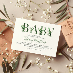Botanische Tropische Grünpflanzen & Gold Babyparty Einladung