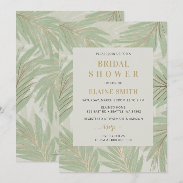 Botanische Vegetation Gold Modernes Brautparty Einladung (Vorne/Hinten)