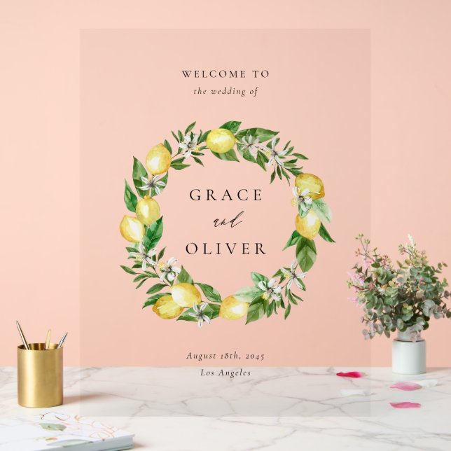 Botanische Vegetation und Lemon Wreath Summer Wedd Acrylschild (Hochzeit)