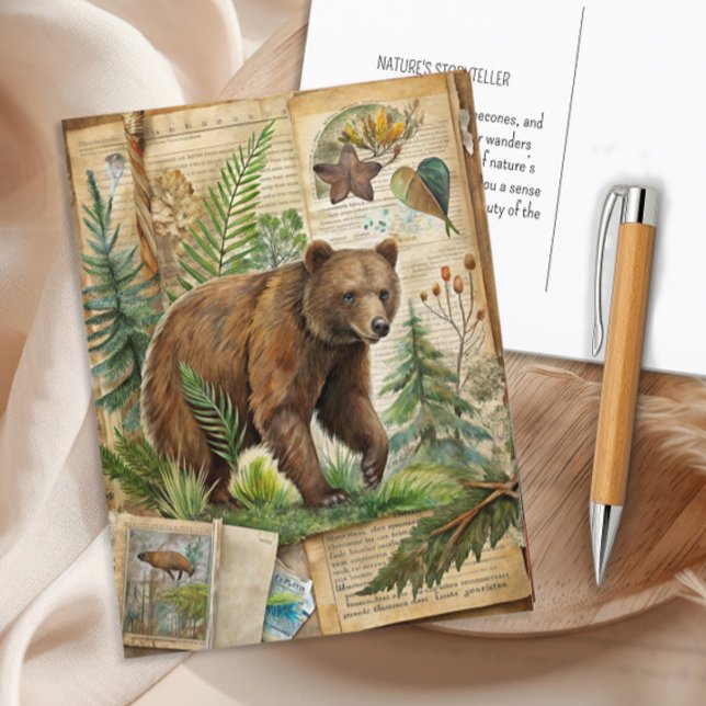 Botanische Vintage antike Waldlandschaft Postkarte (Bear wildlife junk journal page postcard)