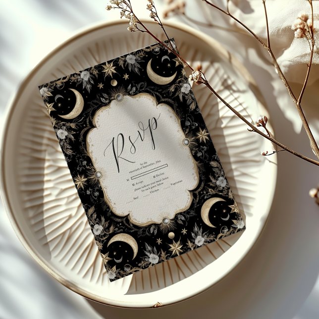 Botanische Vintage Mondsterne Hochzeit RSVP Karte (Von Creator hochgeladen)
