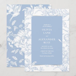 Botanische Vogel Französisch Blau Blumen Hochzeit Einladung