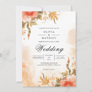 Botanische Wash-Hochzeit mit weichem Korallenriff Einladung