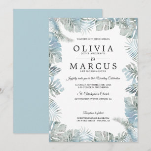 Botanische Wasserfarbe Blass Dusty Blue Wedding Einladung