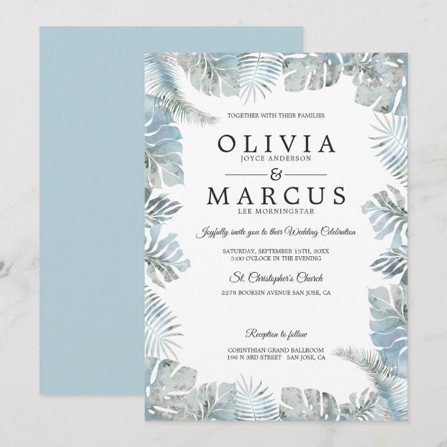 Botanische Wasserfarbe Blass Dusty Blue Wedding Einladung (Vorne/Hinten)