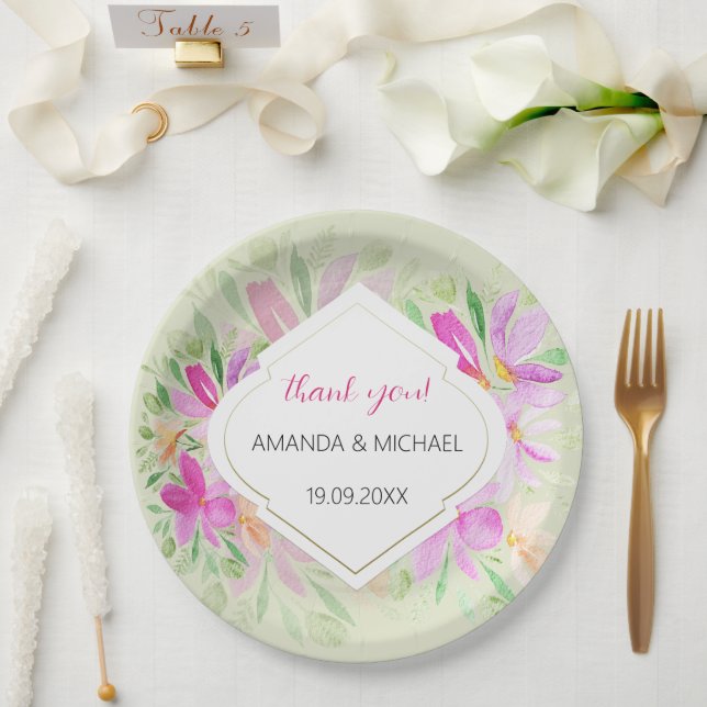Botanische Wasserfarbe Boho Pink Lilac Floral Pappteller (Hochzeit)