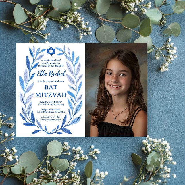 Botanische Wasserfarbe CUSTOM FOTO Bat Bar Mitzvah Einladung (Botanical Watercolor CUSTOM PHOTO Bat Bar Mitzvah Invitation
)