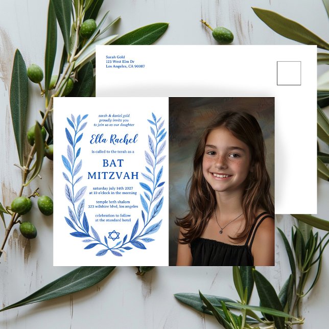 Botanische Wasserfarbe CUSTOM FOTO Bat Bar Mitzvah Postkarte (Botanical Watercolor CUSTOM PHOTO Bat Bar Mitzvah Postcard Invitation
)
