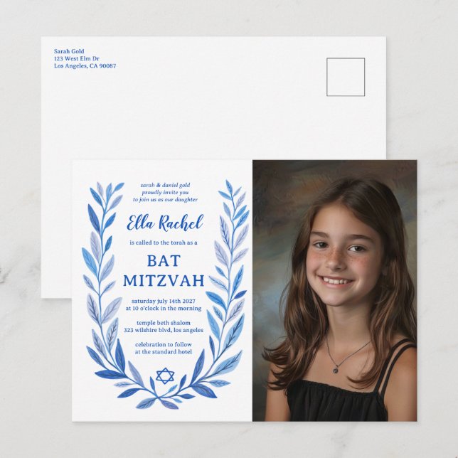 Botanische Wasserfarbe CUSTOM FOTO Bat Bar Mitzvah Postkarte (Vorne/Hinten)