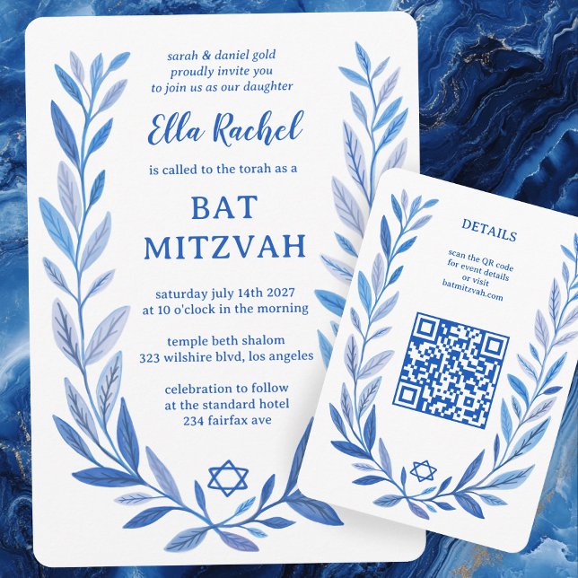 Botanische Wasserfarbe CUSTOM QR Bar Bat Mitzvah Begleitkarte (Botanical Watercolor CUSTOM QR Bar Bat Mitzvah Enclosure Card
)