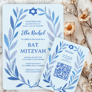 Botanische Wasserfarbe CUSTOM QR Bar Bat Mitzvah Begleitkarte