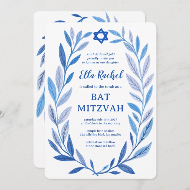 Botanische Wasserfarbe CUSTOM QR Bar Bat Mitzvah Einladung (Vorne/Hinten)