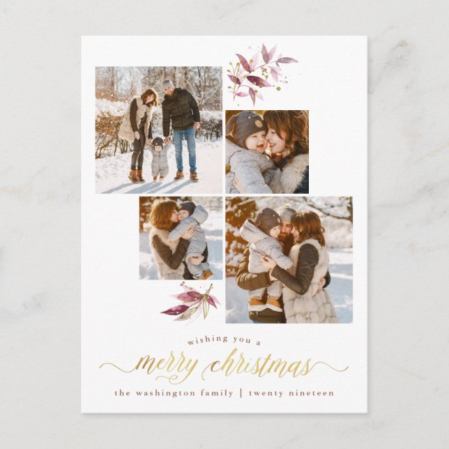 Botanische Wasserfarbe & Gold Frohe Weihnachtsfeie Postkarte (Vorderseite)