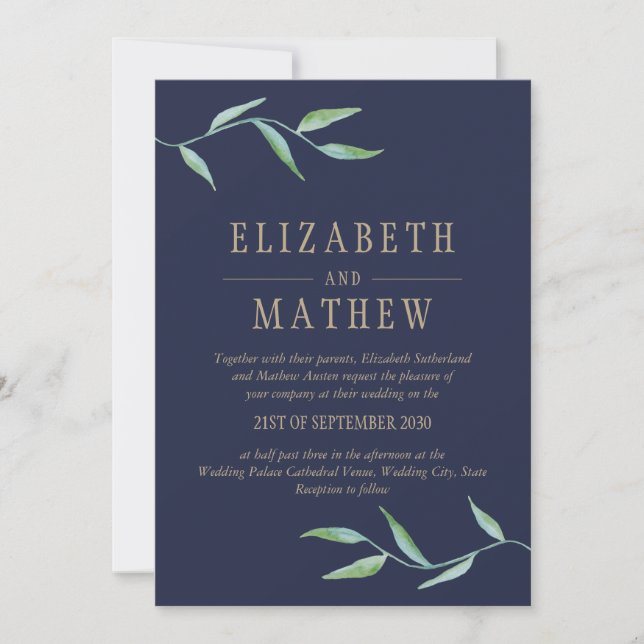Botanische Wasserfarbe Hochzeit der Marine Einladung (Vorderseite)