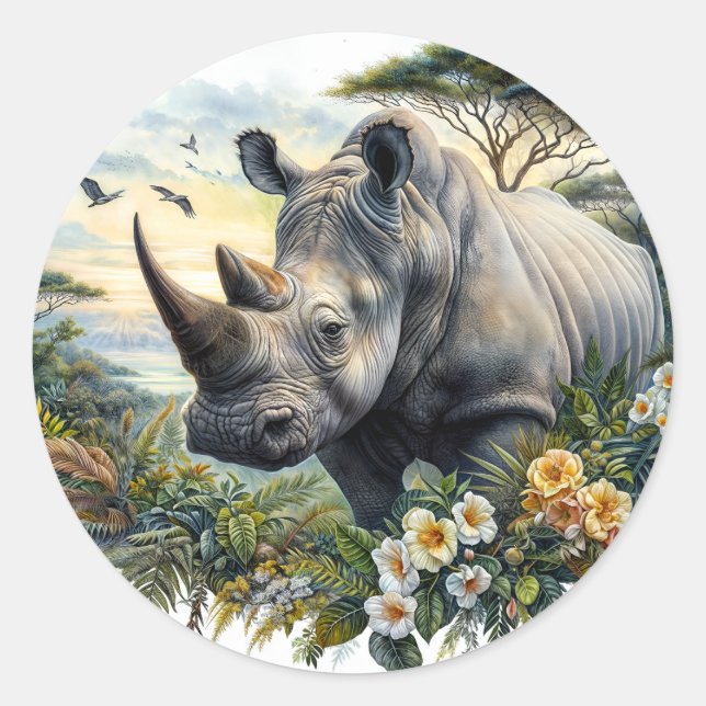 Botanische Wasserfarbe Rhino Runder Aufkleber (Vorderseite)