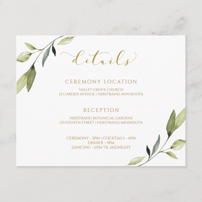 Botanische Wasserfarbenprägung Gold Wedding Greene Begleitkarte (Vorderseite)