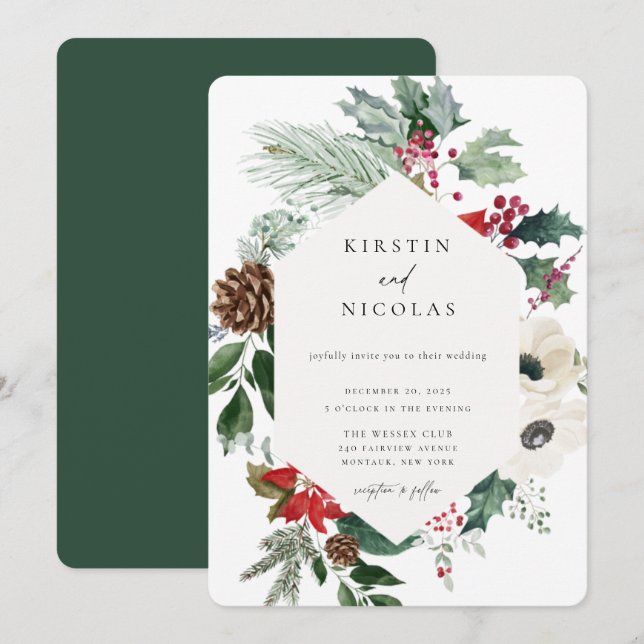 Botanische Weihnachtsfeier Winterhochzeit Einladung (Vorne/Hinten)