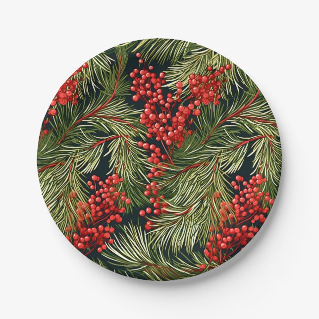 Botanische Weihnachtszweige und Berries Pappteller (Vorderseite)
