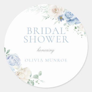 Botanische weiße und blaue florale Braut-Dusche Runder Aufkleber