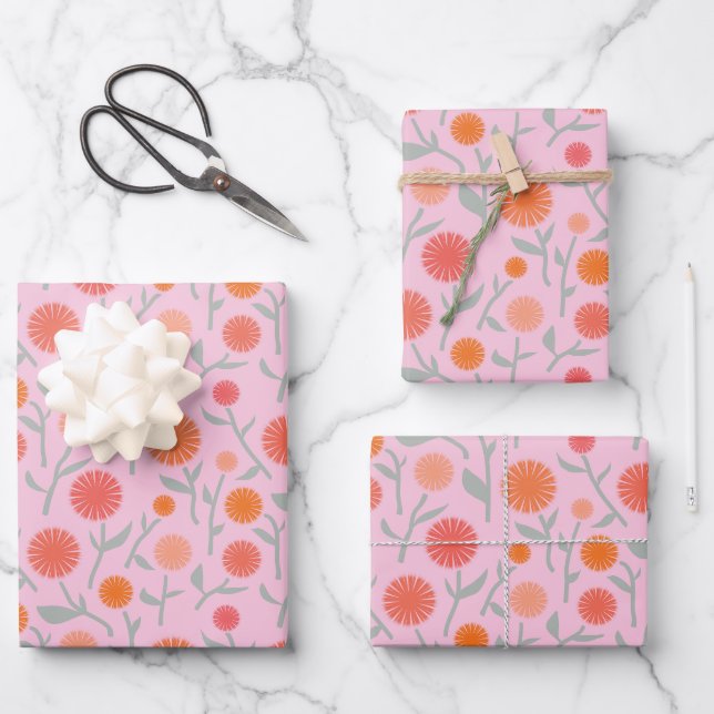 Botanische Wildblume Dandelion Pink-Muster Geschenkpapier Set (Vorderseite)