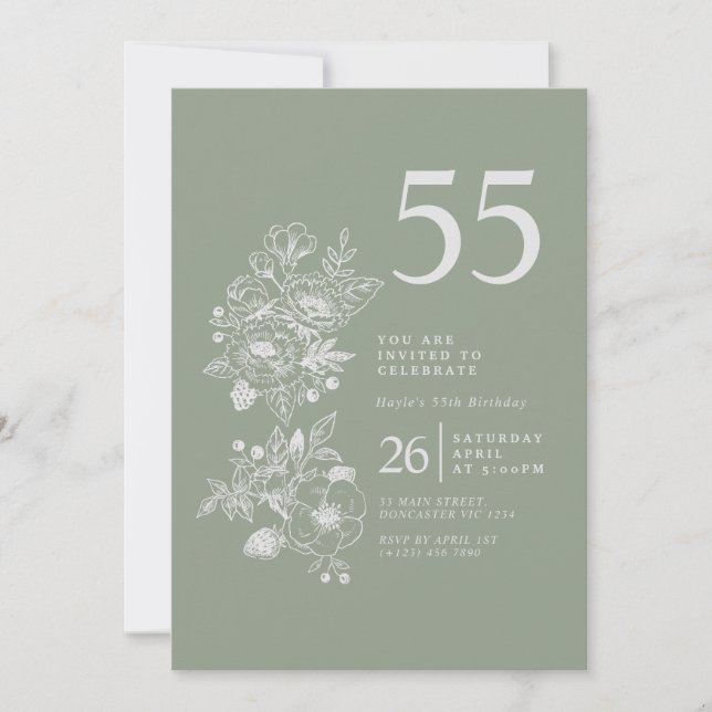 Botanische Wildblume Dusty Blue 55. Geburtstag Einladung (Vorderseite)