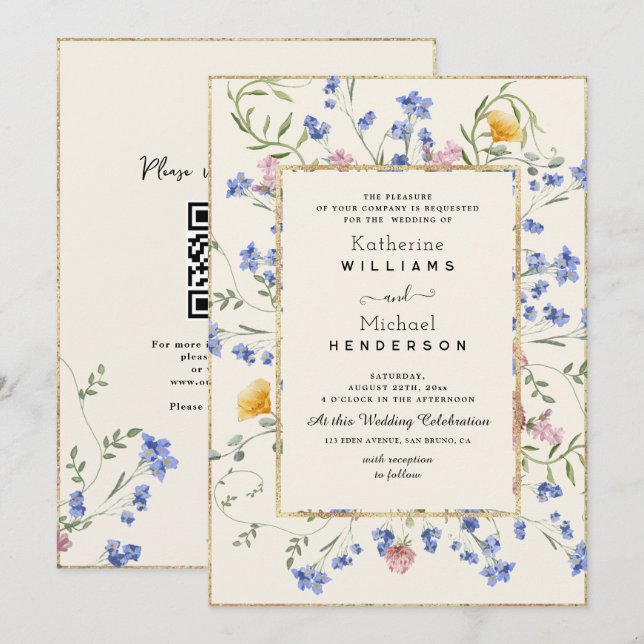 Botanische Wildblume und QR Code Hochzeit Einladung (Vorne/Hinten)