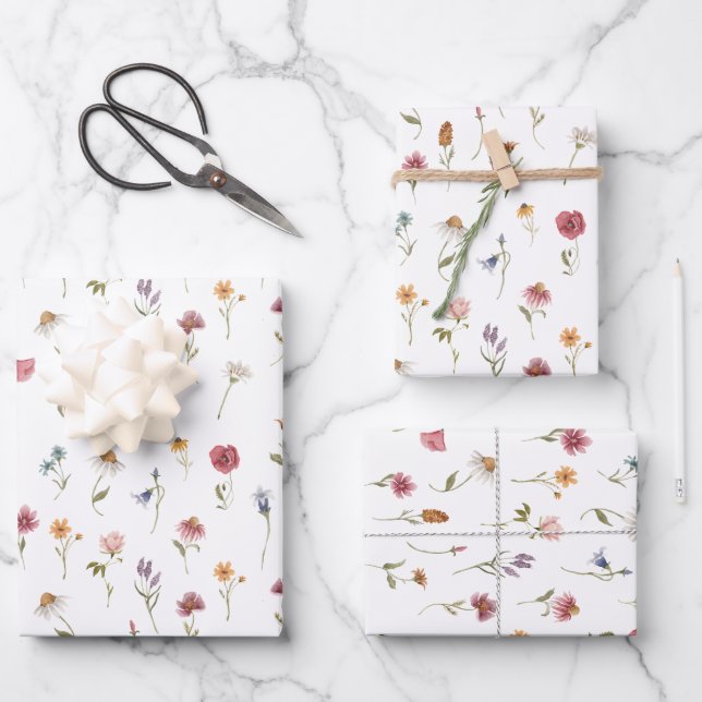 Botanische Wildblume Wasserfarbener Frühling Geschenkpapier Set (Vorderseite)