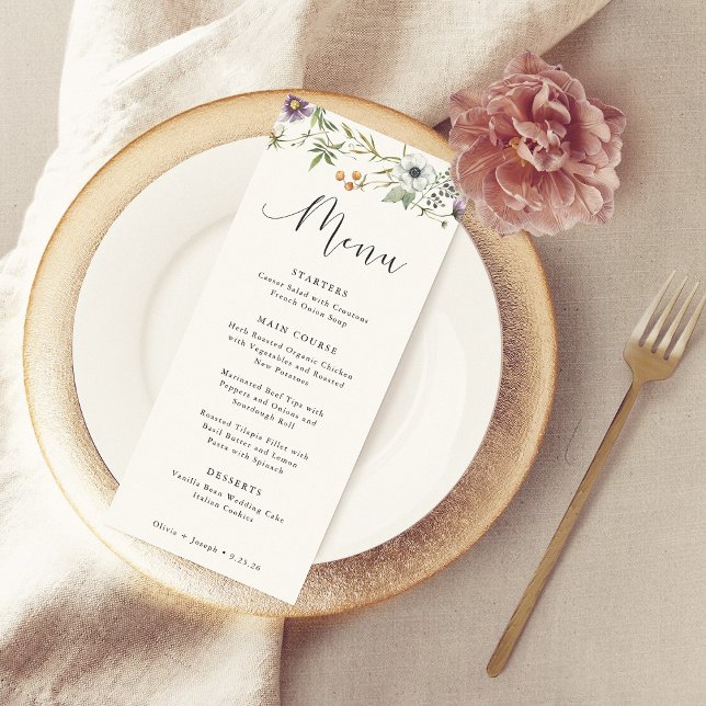 Botanische Wildblumen | Einfache Elegante Hochzeit Menükarte (A simple and elegant wedding menu decorated with wildflowers)