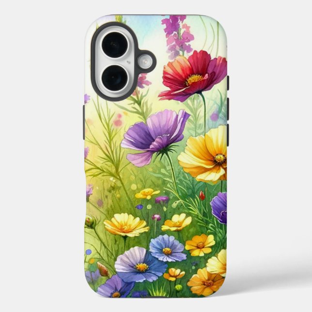 Botanische Wildblumen in Gelb, Lila und Rot iPhone 16 Hülle (Rückseite)