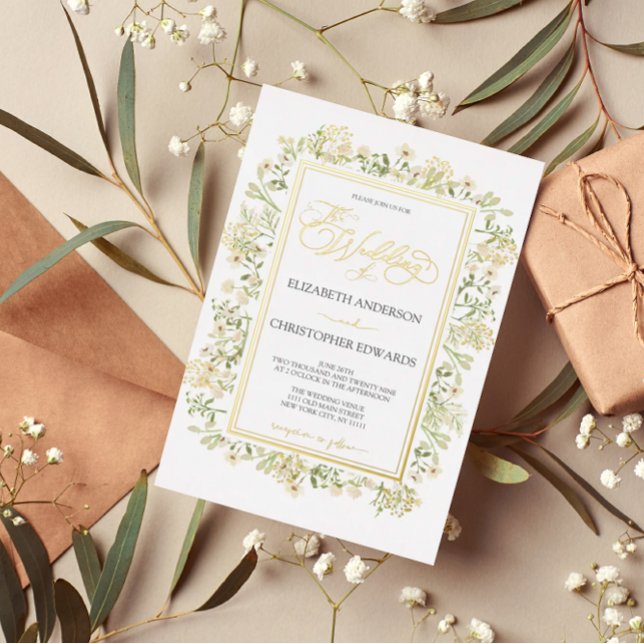 Botanische Wildblumen mit weißer Blüte Hochzeit Folieneinladung (Von Creator hochgeladen)