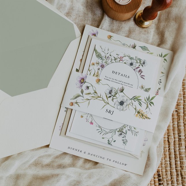 Botanische Wildblumen | Monografische Hochzeit Einladungsbanderole (Botanical Wildflowers belly band)