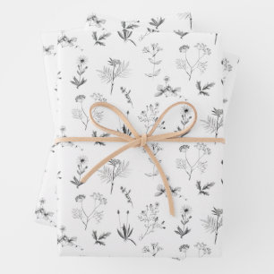 Botanische Wildblumen-Muster für Schwarz-Weiß-Kräu Geschenkpapier Set