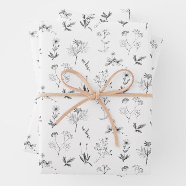 Botanische Wildblumen-Muster für Schwarz-Weiß-Kräu Geschenkpapier Set (Beispiel)