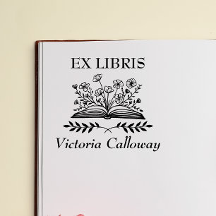 Botanische Wildblumen- offenes Buch Ex Libris Buch Gummistempel
