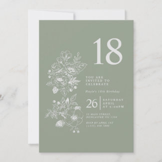 Botanische Wildblumen-Salbei-Grün 18. Geburtstag Einladung
