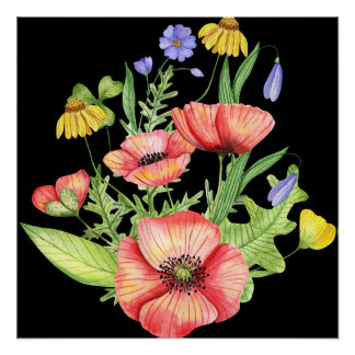 Botanische Wildblumenstrauß-Wasserfarbenkunst Poster
